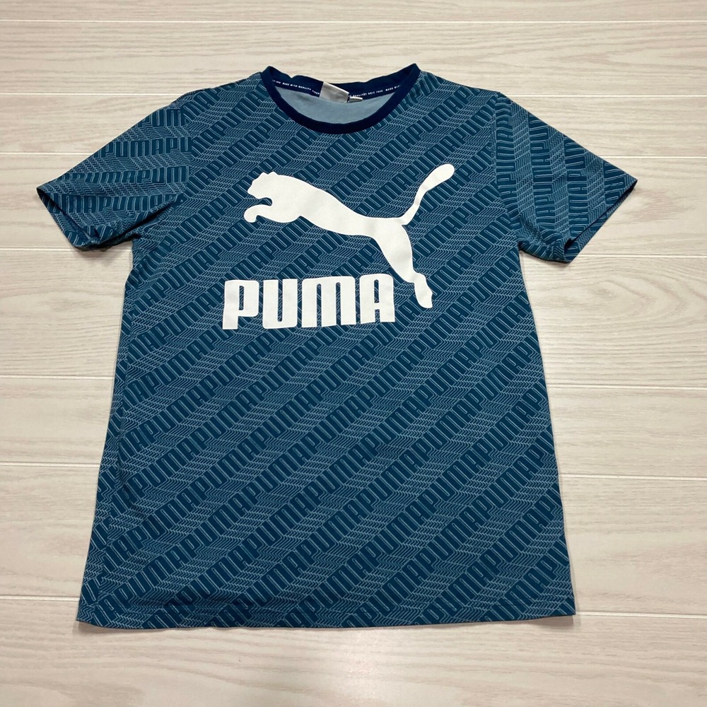 Puma Mens Logo Spellout All Over Print Short Sleeve T-Shirt Blue Size Medium